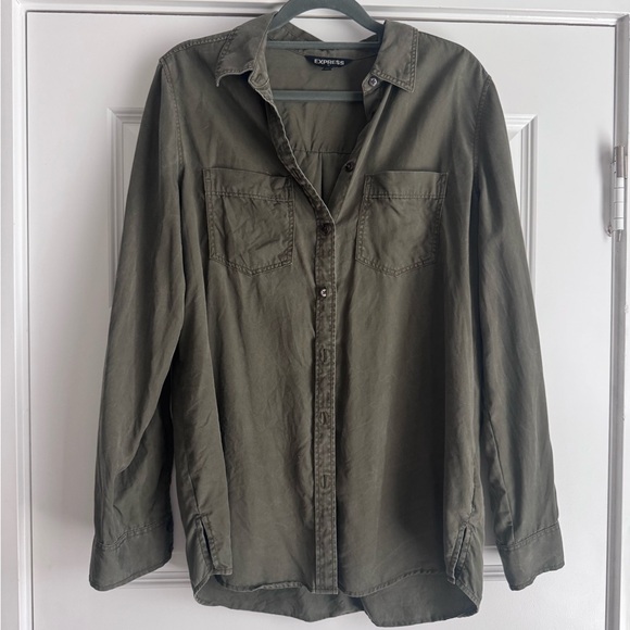 Express Tops - Express Olive Green Casual Button-Down Shirt